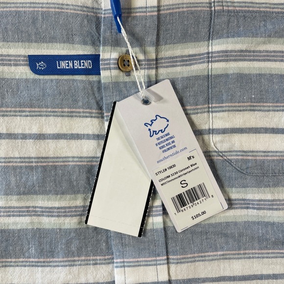 Southern Tide Linen Shirt Mens Small Blue Striped Travel Beach Summer Vacation - Picture 3 of 10